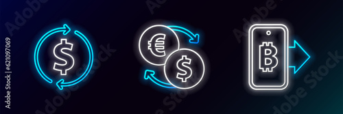 Set line Mining bitcoin from mobile, Financial growth and dollar and Money exchange icon. Glowing neon. Vector