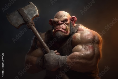 Orc, a monster from myth. An example of a fantasy. Drawing of a goblin clutching an ax. made using generative AI tools