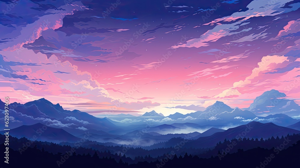 Beautiful anime-style illustration of a mountain landscape at twilight