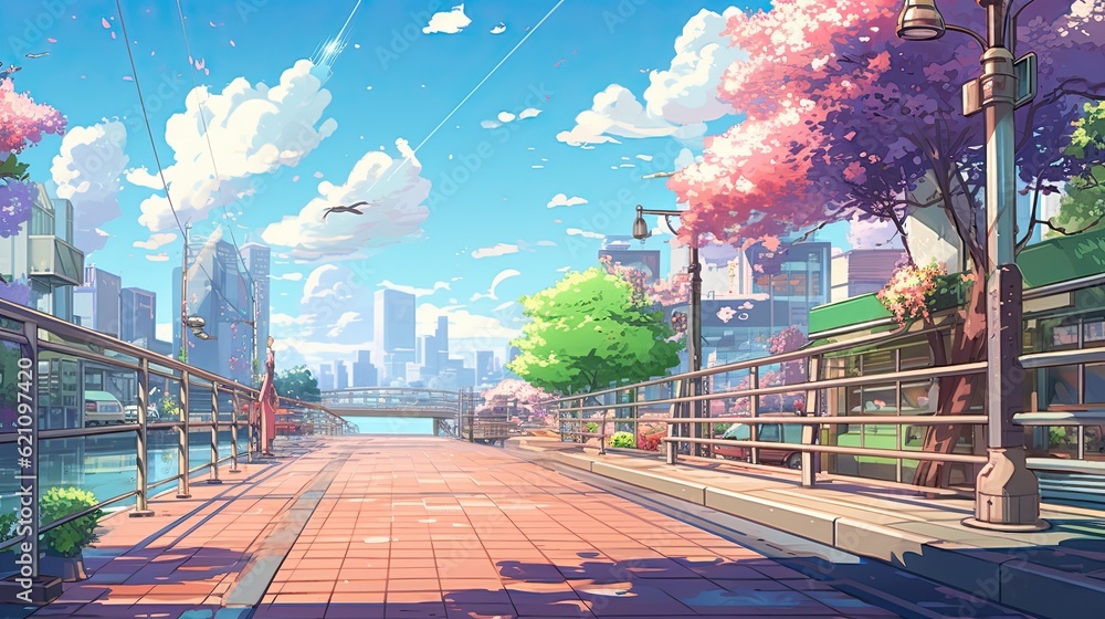 Fototapeta premium Beautiful anime-style illustration of a city street at springtime