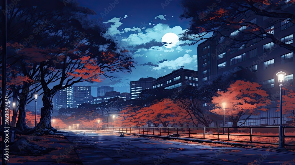 Beautiful anime-style illustration of a city street at springtime