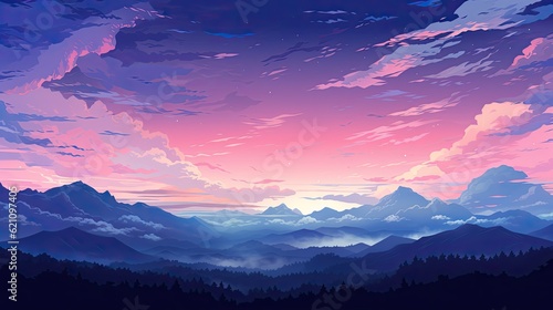 Beautiful anime-style illustration of a mountain landscape at twilight