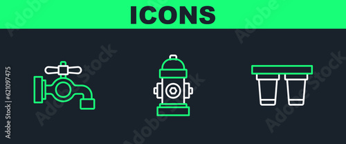 Set line Water filter, tap and Fire hydrant icon. Vector