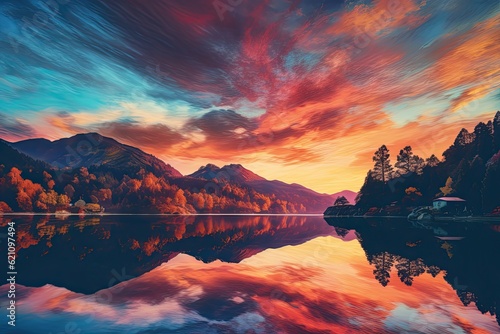 Beautiful reflection of the sunset in the lake with colorful clouds in the background. made using generative AI tools