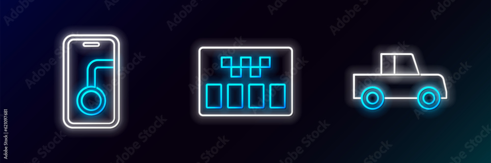 Set line Car, City map navigation and Taximeter icon. Glowing neon. Vector Set line Car, City map navigation and Taximeter icon. Glowing neon. Vector