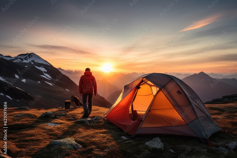 camping tent in mountain on the sunset with man stout tent Generative AI