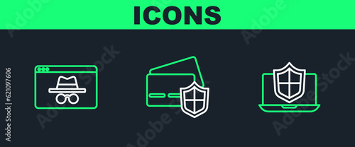Set line Laptop protected with shield, Browser incognito window and Credit card icon. Vector