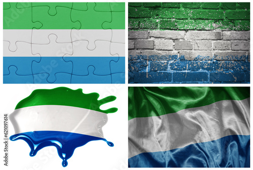 national colorful realistic flag of sierra leone in different styles and with different textures on the white background.collage. photo