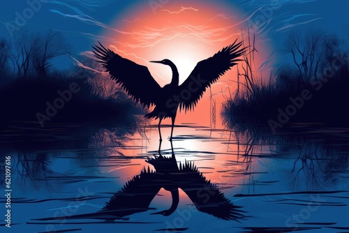 wallpapers or drawings of a landscape, scene, sunset, or moonlight night silhouetted organic abstract art backdrop drawing At night, a crane in a swamp spreads its wings. © 2rogan
