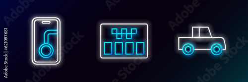 Set line Car, City map navigation and Taximeter icon. Glowing neon. Vector