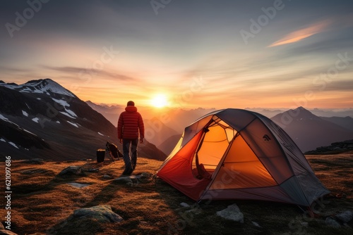 camping tent in mountain on the sunset with man stout tent Generative AI