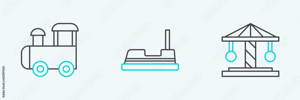 Set line Attraction carousel, Toy train and Bumper icon. Vector Set line Attraction carousel, Toy train and Bumper icon. Vector