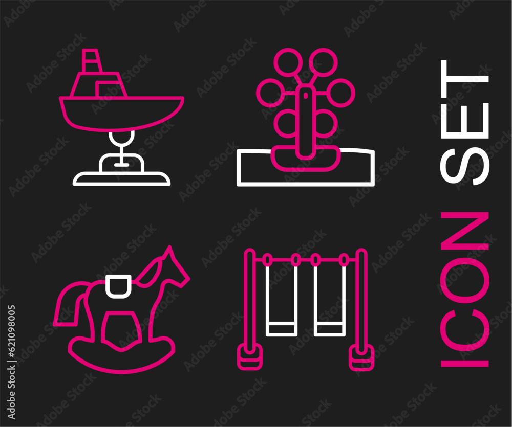 Set line Double swing, Horse saddle, Ferris wheel and Swing boat icon. Vector Set line Double swing, Horse saddle, Ferris wheel and Swing boat icon. Vector