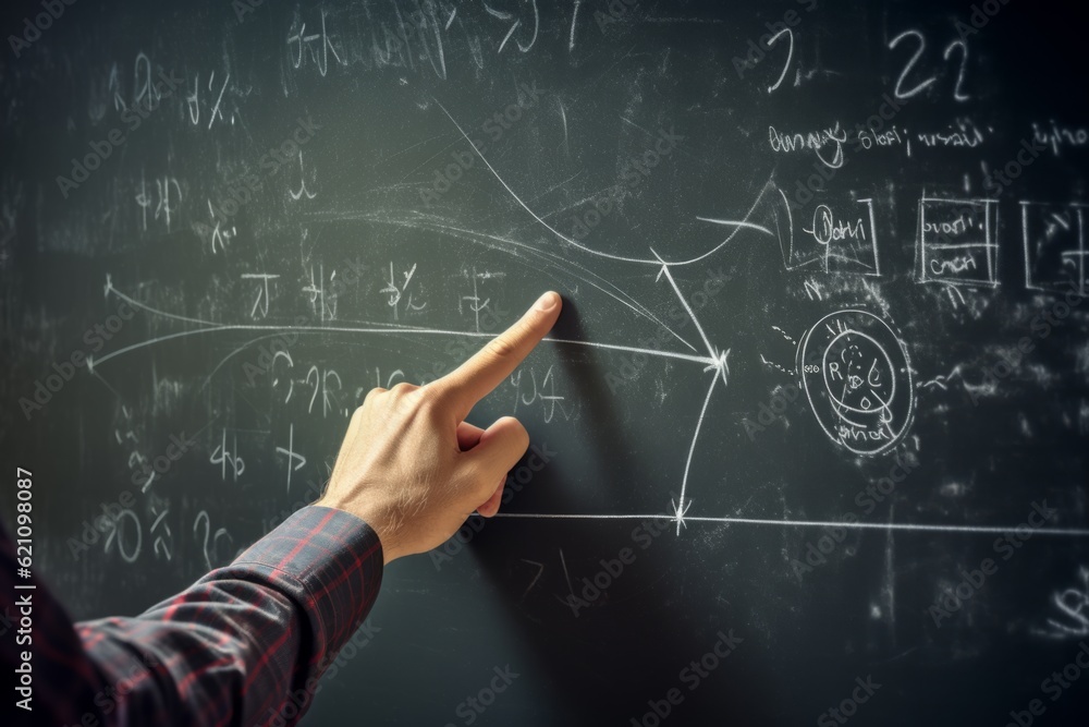 Educational lesson in school university class teacher hand fingers shows formulas drawings modern scientific plans conceptions theories. Hands finger show on chalkboard blackboard learning process