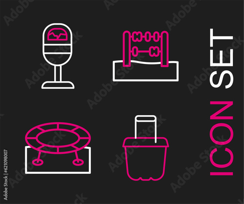 Set line Sand in bucket, Jumping trampoline, Abacus and Trash can icon. Vector