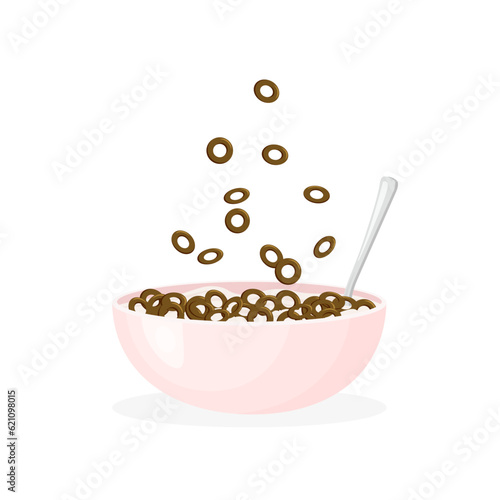 Milk porridge or cereal with chocolate balls. Rolled oats or crunchy cornflakes ara falling in a bowl. Sweet breakfast for kids. Vector illustration. © Yuliia