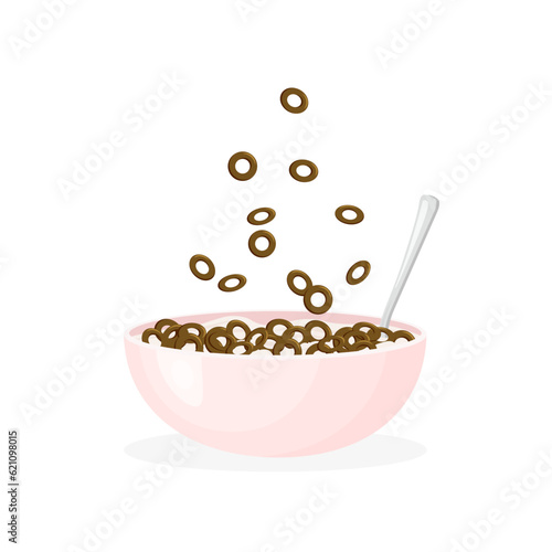 Milk porridge or cereal with chocolate balls. Rolled oats or crunchy cornflakes ara falling in a bowl. Sweet breakfast for kids. Vector illustration.