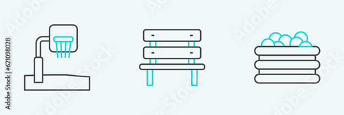 Set line Pool with balls, Basketball backboard and Bench icon. Vector
