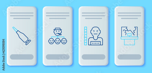 Set line Mafia, Suspect criminal, Bullet and Broken window icon. Vector