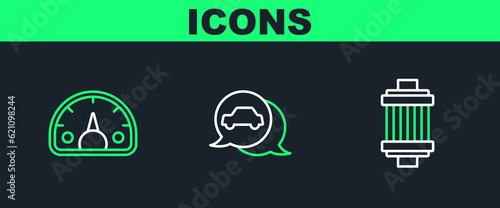 Set line Car air filter, Speedometer and service icon. Vector