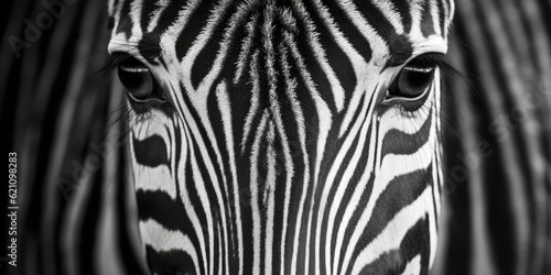 A zebra in black and white. An African wild animal has its gaze fixed on you. Despite their restricted depth of field  zebras possessed excellent eyesight. a pre-made canvas design for a poster or