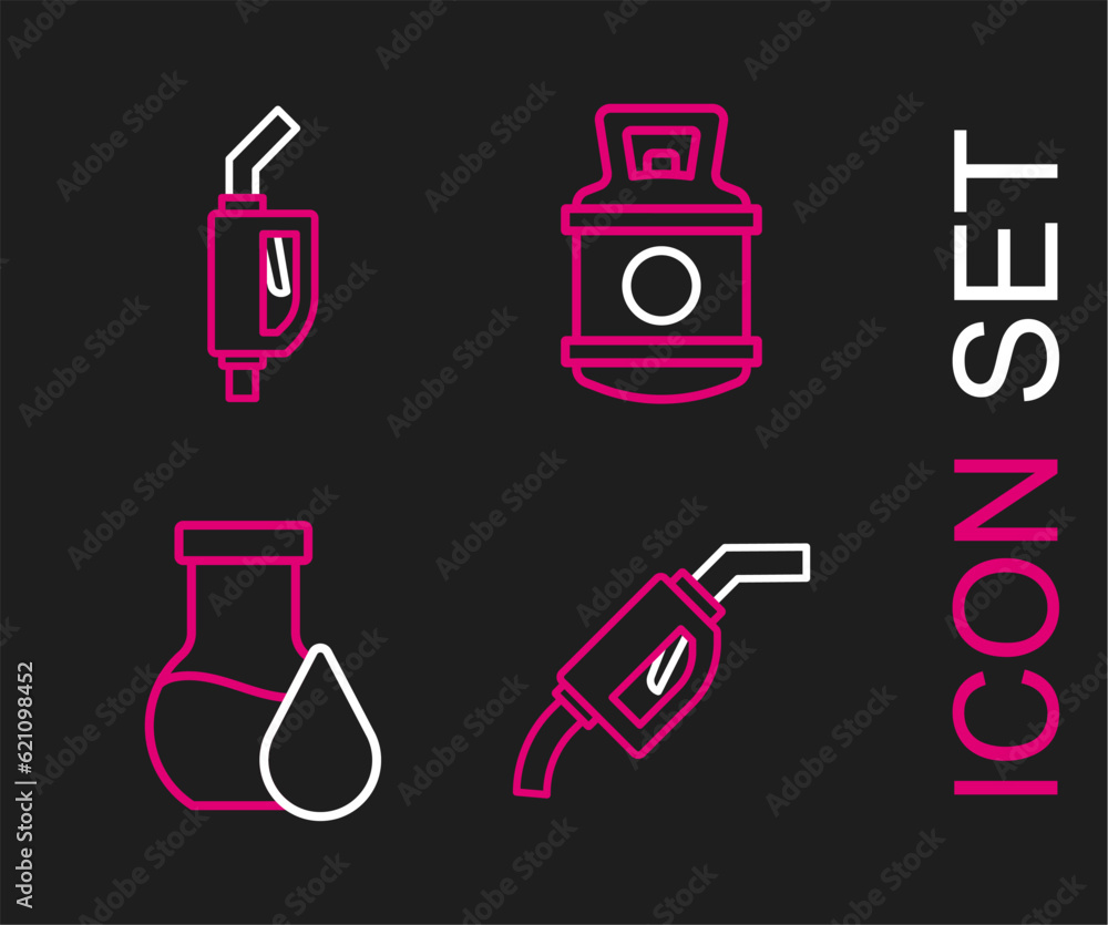 Set line Gasoline pump nozzle, Oil petrol test tube, Propane gas tank and icon. Vector Set line Gasoline pump nozzle, Oil petrol test tube, Propane gas tank and icon. Vector