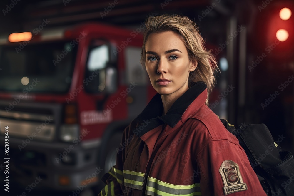 Fototapeta premium Portrait of a female firefighter on the background of a fire engine.