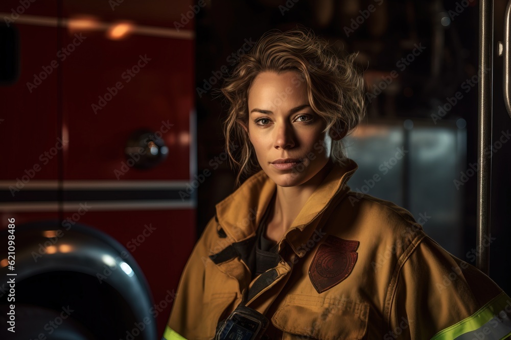 Portrait of a female firefighter on the background of a fire engine.