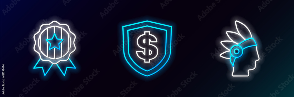 Set line Native American Indian, Medal with star and Shield dollar icon. Glowing neon. Vector Set line Native American Indian, Medal with star and Shield dollar icon. Glowing neon. Vector
