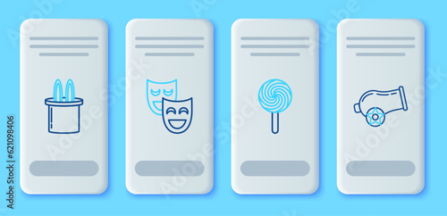 Set line Comedy theatrical masks, Lollipop, Magician hat and rabbit ears and Cannon icon. Vector