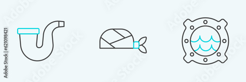 Set line Ship porthole with seascape, Smoking pipe and Pirate bandana for head icon. Vector