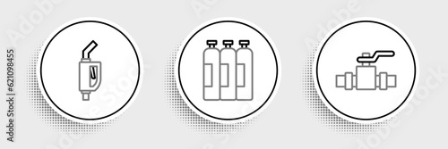 Set line Metallic pipes and valve, Gasoline pump nozzle and Industrial gas cylinder tank icon. Vector