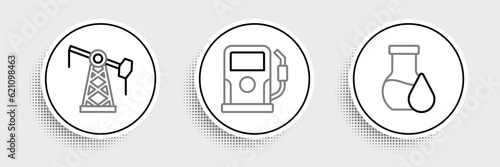 Set line Oil petrol test tube, pump or pump jack and Petrol gas station icon. Vector