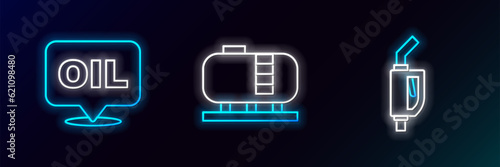 Set line Gasoline pump nozzle, Word oil and Oil tank storage icon. Glowing neon. Vector