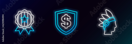 Set line Native American Indian, Medal with star and Shield dollar icon. Glowing neon. Vector