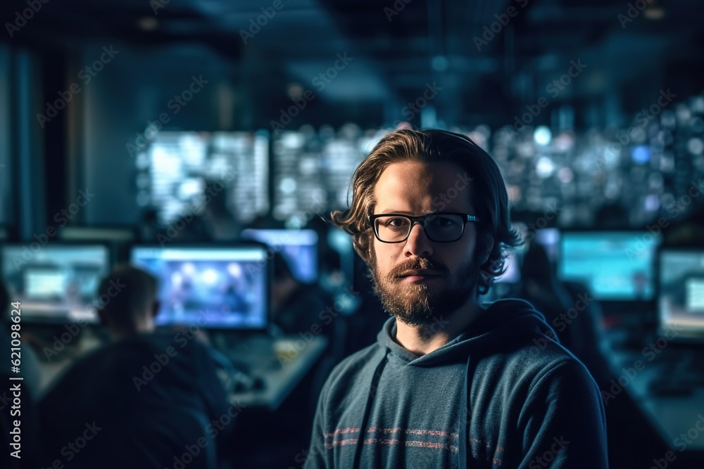 A hacker-programmer in front of a computer. Created with Generative Ai technology. A hacker-programmer in front of a computer. Created with Generative Ai technology.