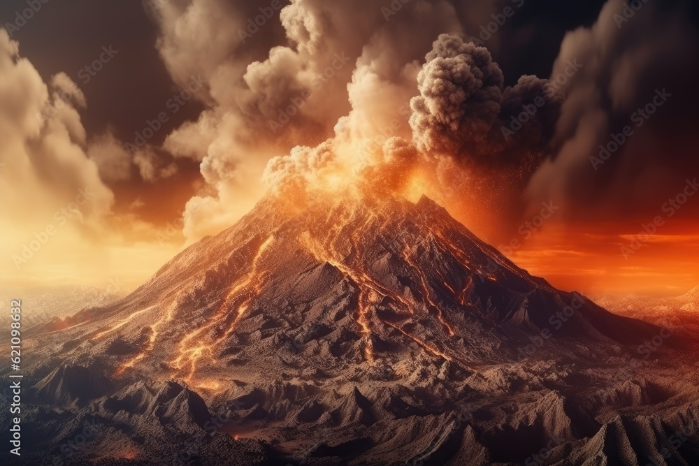 Fototapeta premium Apocalyptic volcanic scene with smoke and ash clouds and hot, streaming lava. A potentially dangerous natural environment. An active volcanos eruption. using digital