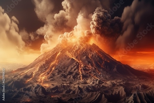 Apocalyptic volcanic scene with smoke and ash clouds and hot, streaming lava. A potentially dangerous natural environment. An active volcanos eruption. using digital © 2rogan