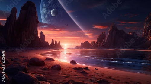 SCI-FI Fantasie Planet mit Strand und Felsen. Neue Planeten entdecken und erkunden. 