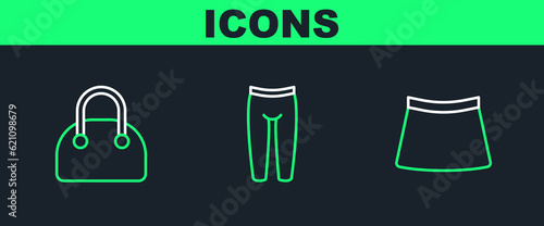 Set line Skirt, Handbag and Leggings icon. Vector