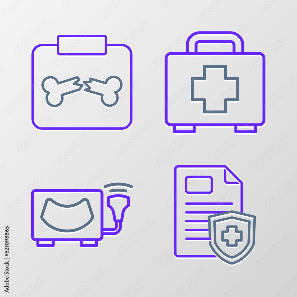 Set line Patient record, Ultrasound, First aid kit and X-ray shots with broken bone icon. Vector Set line Patient record, Ultrasound, First aid kit and X-ray shots with broken bone icon. Vector