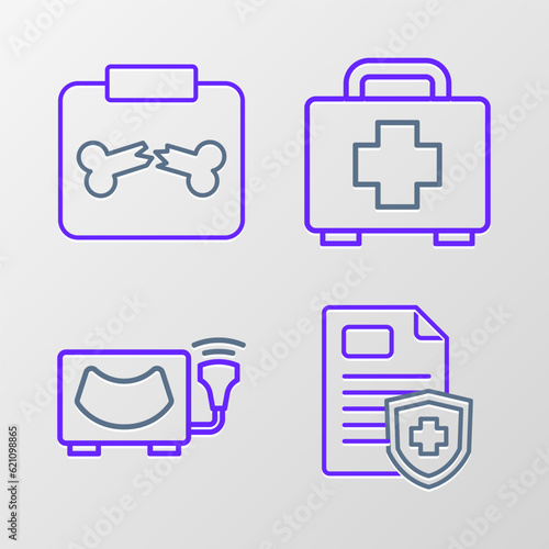 Set line Patient record, Ultrasound, First aid kit and X-ray shots with broken bone icon. Vector