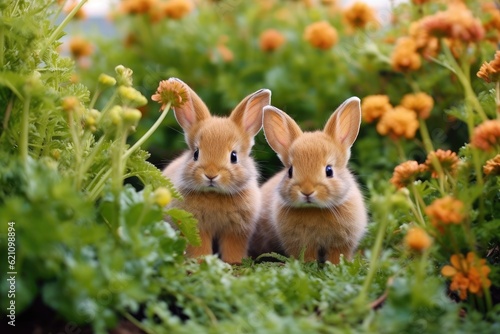 Easter bunnies, adorable baby rabbits in a lush garden, natural setting. Easters brown hares. We get a close-up look at a rabbit.