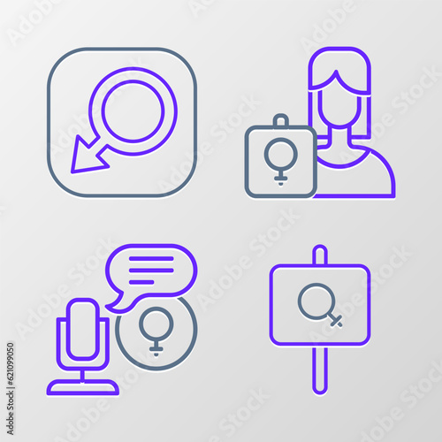 Set line Feminist activist, Microphone, and Male gender icon. Vector