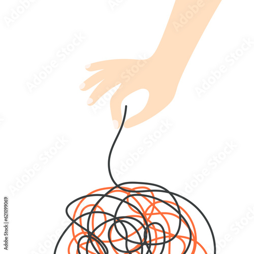 Abstract metaphor of psychotherapy. Psychologist hand untangling tangled thoughts. Chaos in the mind. Vector concept of solving difficult situation.