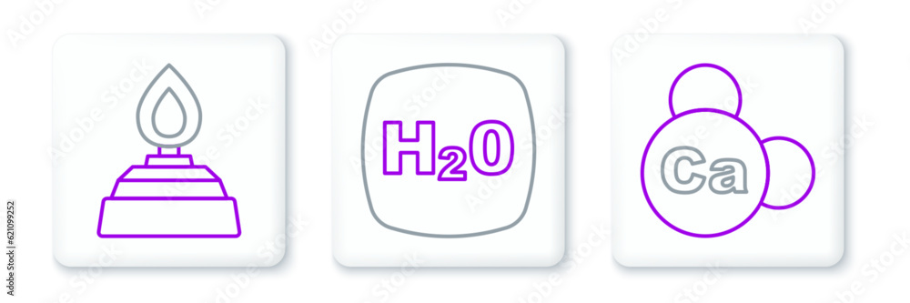 Set line Mineral Ca Calcium, Alcohol or spirit burner and Chemical formula H2O icon. Vector Set line Mineral Ca Calcium, Alcohol or spirit burner and Chemical formula H2O icon. Vector