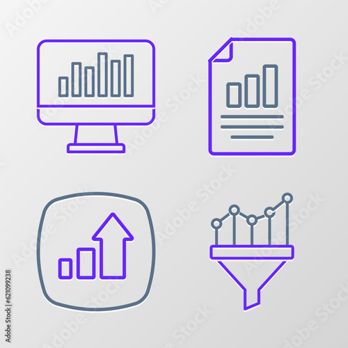Set line Sales funnel with chart, Financial growth, Document graph and Monitor icon. Vector