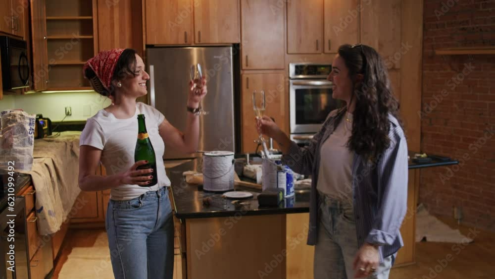 Roommates cheers with champagne in their new kitchen after moving into an urban apartment building Roommates cheers with champagne in their new kitchen after moving into an urban apartment building