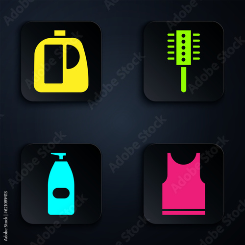 Set Sleeveless T-shirt, Bottles for cleaning agent, Bottle of liquid antibacterial soap and Hairbrush. Black square button. Vector