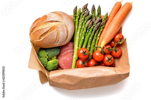 Several healthy meals in a paper bag, isolated on a white background. checking up